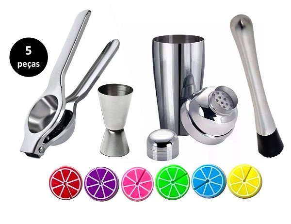 Kit Bartender Inox Prime 5 Peças Coqueteleira e Marcadores de Taças Color - Yangzi