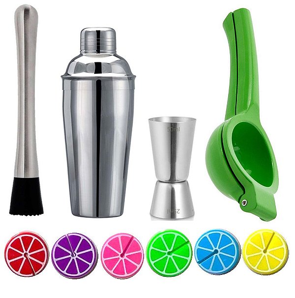 Kit Drink Barman Coqueteleira e Marcador de Copos Color Citrus 5 Peças - Yangzi