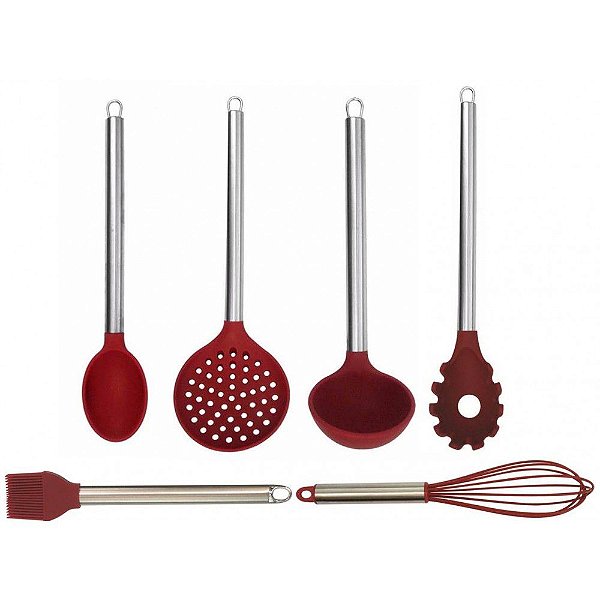 Jogo de Utensílios Silicone 6 Peças Inox Premium - Yazi - Vinho - 26 a 34cm