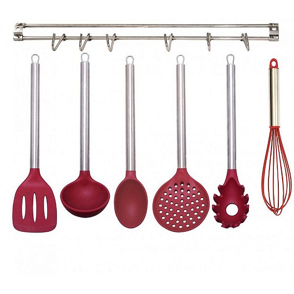 Jogo de Utensílios Silicone 6 Peças Premium + Suporte Inox para Parede - Yazi