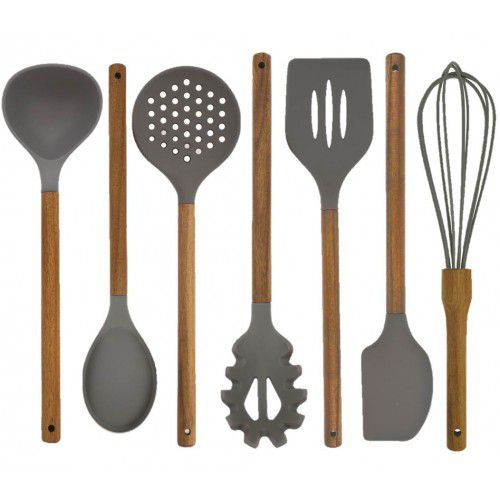 Jogo de Utensílios Silicone 7 Peças Cabo Madeira Acácia - Yazi - Cinza - 30cm