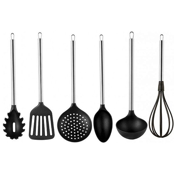 Jogo de Utensílios 6 Peças Nylon Preto Inox Premium