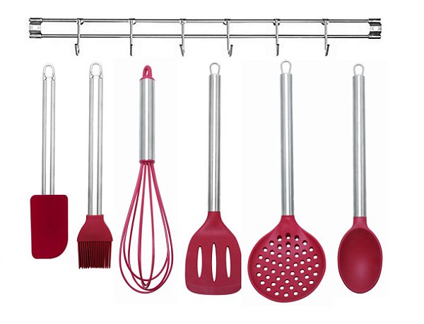 Jogo Utensílios Silicone Elite 6 Peças e Suporte Inox Parede - Yangzi