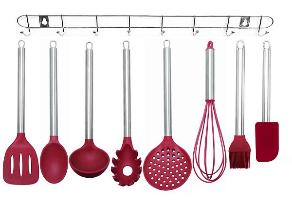 Jogo Utensílios Silicone 8 Peças Premium + Suporte Inox Parede - Yangzi