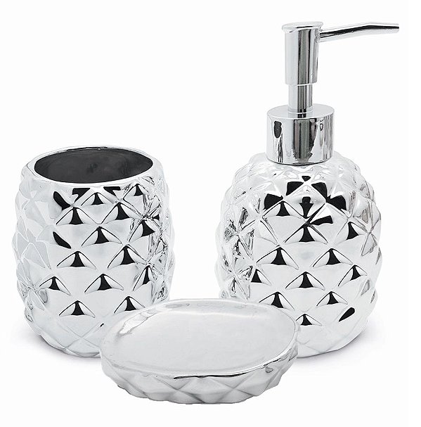 Conjunto para Banheiro Abacaxi Prata Cerâmica 3 Peças - Mimo Style