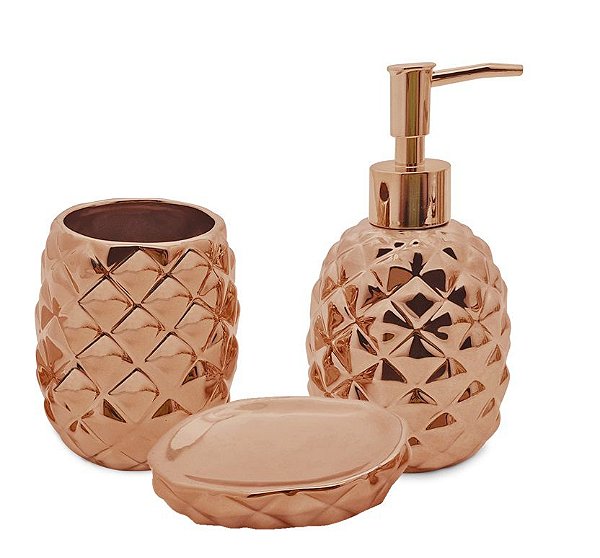 Conjunto para Banheiro Abacaxi Rosê Bronze Cerâmica 3 Peças - Mimo Style