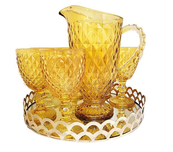 Jogo Jarra com 6 Taças Âmbar Verre e Bandeja Espelhada Belga Luxo Vidro Premium - Mimo Style