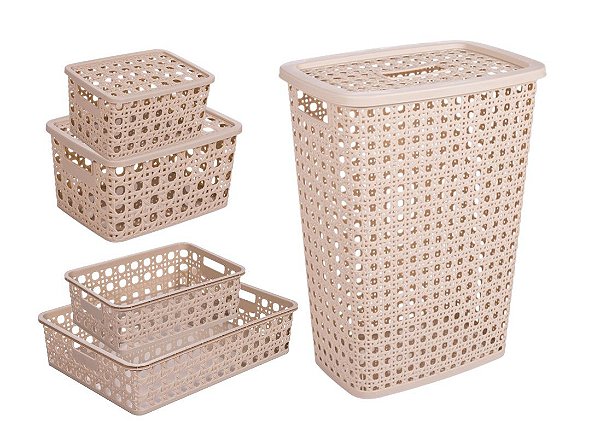 Jogo Caixas Organizadoras e Cesto Para Roupas Palha Indiana Plástico Premium 5 Peças - Plasutil