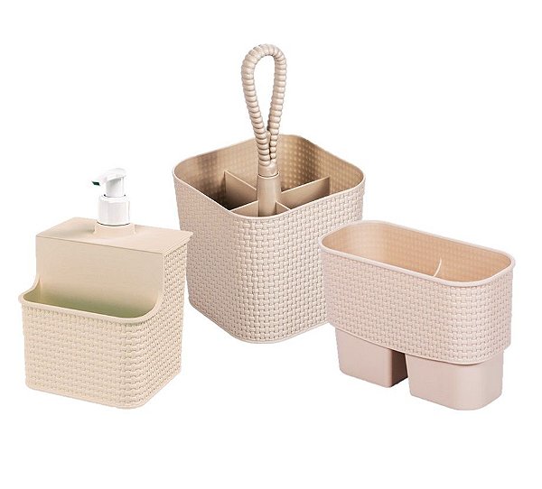 Kit para Pia Cozinha 3 Peças Porta Detergente e Esponja, Porta Talheres Tear Bege - Plasútil