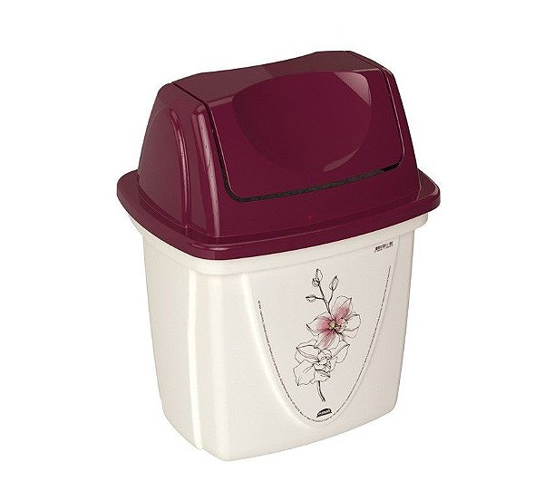 Lixeira Basculante Decorada Floral Vinho Bordô 6 Litros - Plasútil