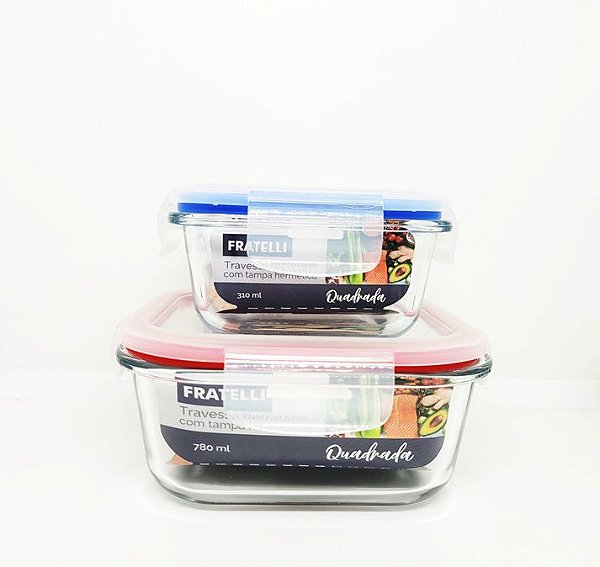 Ki 2 Potes Herméticos Vidro Quadrado Tampa com Trava 310ml e 780ml - Fratelli
