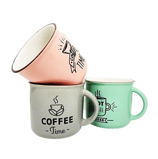 Jogo Caneca Cerâmica Coffee Soft Colorida 350ml 3 Unidades - Fratelli