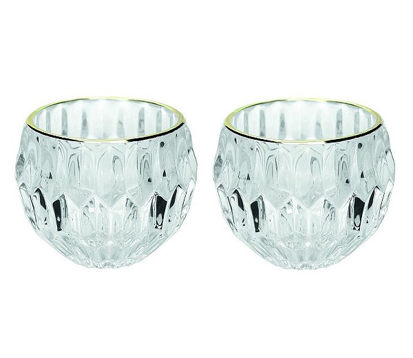 Jogo Porta Velas Castiçal Vidro Facetado Borda Dourado 2 Unidades - Yangzi