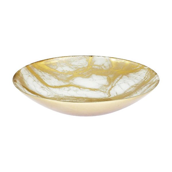 Travessa Centro de Mesa Fruteira Vidro Branco Marmorizado Dourado Atlas 30cm - Tuut