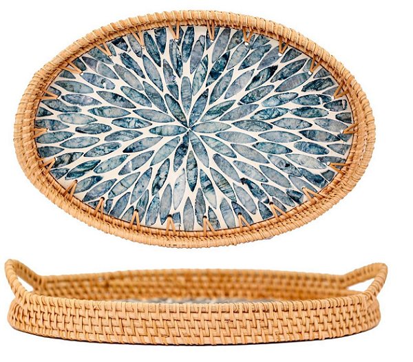 Bandeja Oval Fibra Natural Base Concha Luxo Santorini 35cm - Yangzi