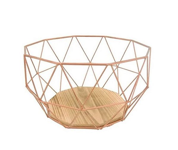 Cesta Fruteira Metal Redonda Rosê Gold Fundo Madeira Maldivas - Yangzi