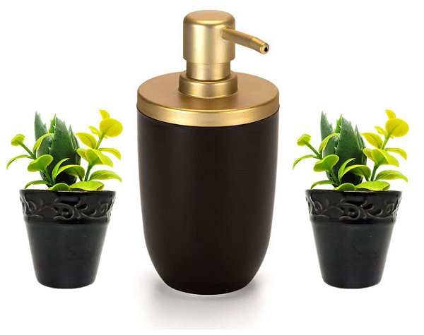 Porta Sabonete Líquido Plástico Black e Dourado e 2 Mini Vaso Cerâmica Suculenta