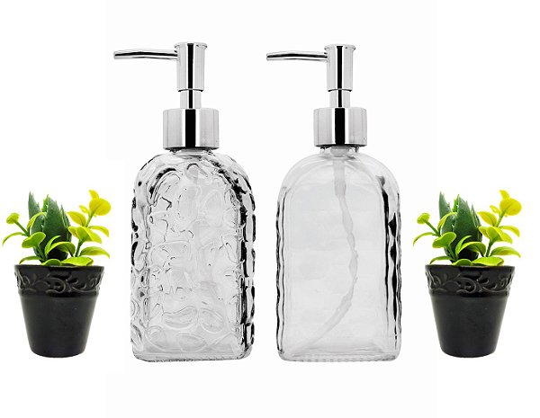 Kit Banheiro Porta Sabonete Líquido Vidro Clear e Mini Vaso Suculenta Black 4 Peças