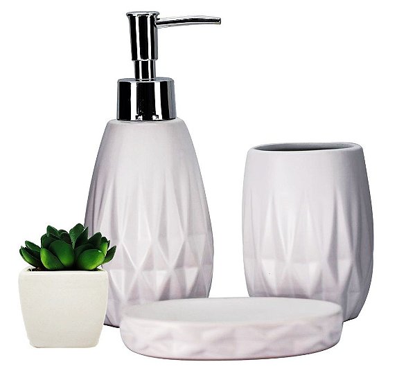 Conjunto para Banheiro Porcelana Branca Com Suculenta 4 Peças - Yangzi