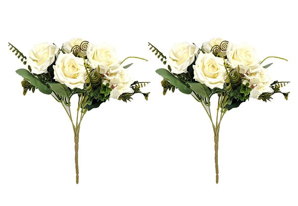 Jogo Buquê Mini Rosas Brancas 5 Flores Folhagens Realistas 2 Unidades 30cm