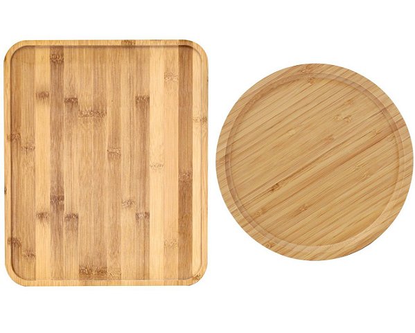 Conjunto Bandeja para Servir Bambu Redonda e Retangular 2 Peças - Tuut