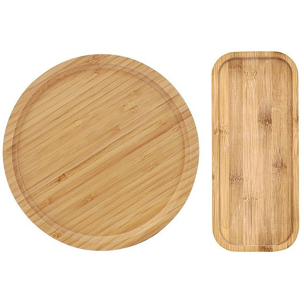 Conjunto Bandejas para Servir Bambu Eco Prime Retangular e Redonda 2 Peças - Tuut