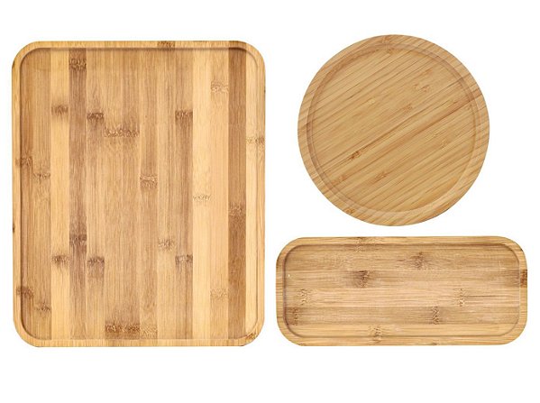 Conjunto Bandejas Bambu Eco Prime Retangular e Redonda 3 Peças - Tuut