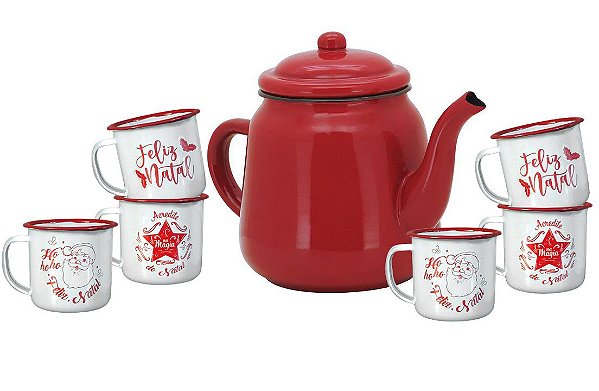 Conjunto Bule Esmaltado Vermelho 1700ml e 6 Canecas Estampa Natal 150ml - Yangzi