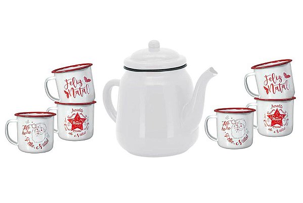 Conjunto Bule Esmaltado Branco 1700ml e 6 Canecas Estampa Natal 150ml - Yangzi