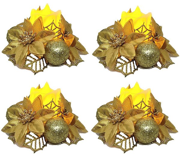 Jogo 4 Velas Eletrônicas LED Natal Decorado Bico de Papagaio Pick Glitter Dourado