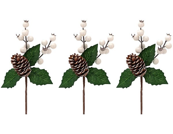 Jogo 2 Arranjos Pick De Natal Pinha Natural, Folhagens e Berries 22cm - Magizi