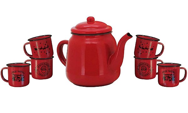 Kit Bule e 6 Canecas Esmaltadas Vermelho Ágata Decorado Natal - Magizi