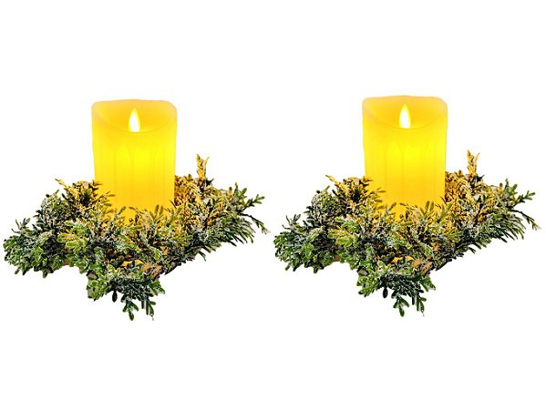 Jogo 2 Porta Velas Natal Guirlanda Verde Nevado 20cm com Vela Eletrônica LED 15cm - Magizi