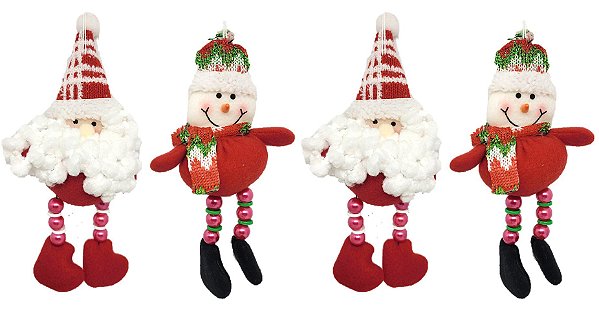 Kit Papai Noel e Boneco de Neve Pelúcia Pendente Natal Perna Miçanga 15cm 4 Peças