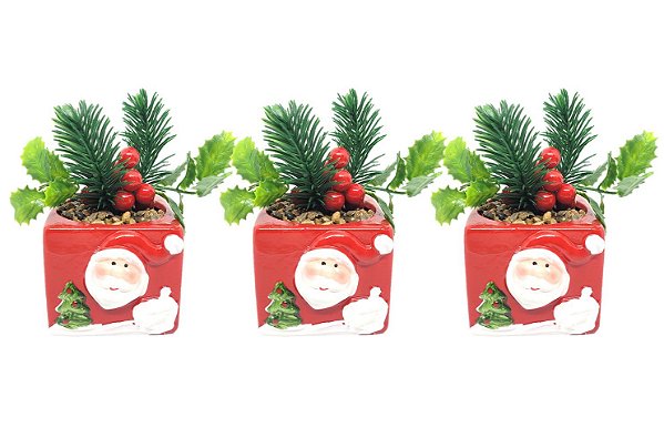 Jogo 3 Mini Vaso Cachepot Cerâmica Decorado Natal Papai Noel  e Planta Artificial 12cm