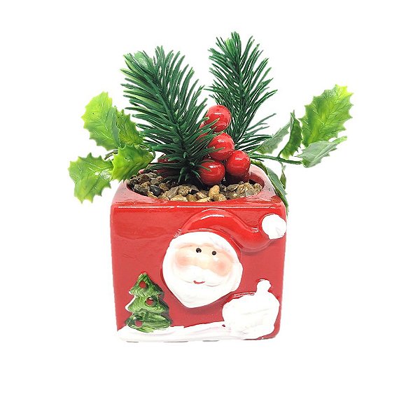 Vaso Cachepot de Natal Cerâmica Papai Noel com Planta Artificial 12cm