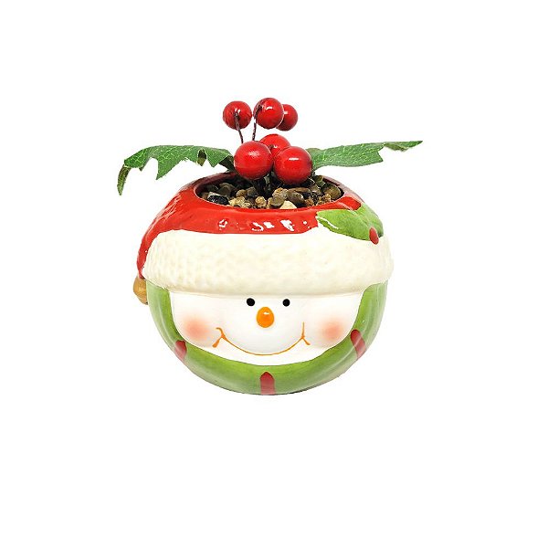Vaso Cachepot Cerâmica Natal Boneco de Neve Planta Artificial Berries 10cm