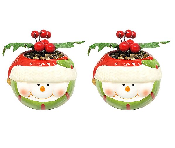 Jogo 2 Vasos Cachepot Cerâmica Natal Boneco de Neve Planta Artificial Berries 10cm