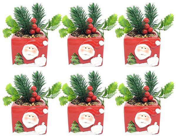 Kit 6 Vasos Cachepot de Natal Cerâmica Papai Noel com Planta Artificial 12cm