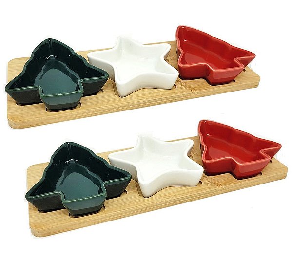 Jogo 2 Petisqueiras de Natal Bambu com Bowls em Cerâmica Pinheiro e Estrela