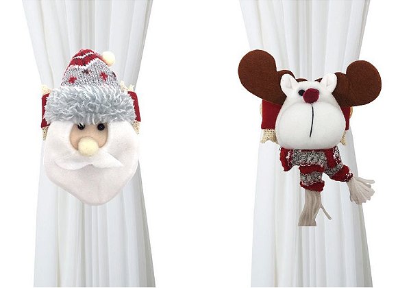 Jogo Prendedor Cortina Natal Papai Noel e Rena Pelúcia 20cm