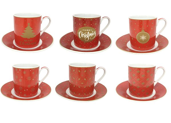 Conjunto de Xícaras e Pires Porcelana Natalina Decor 6 Unidades