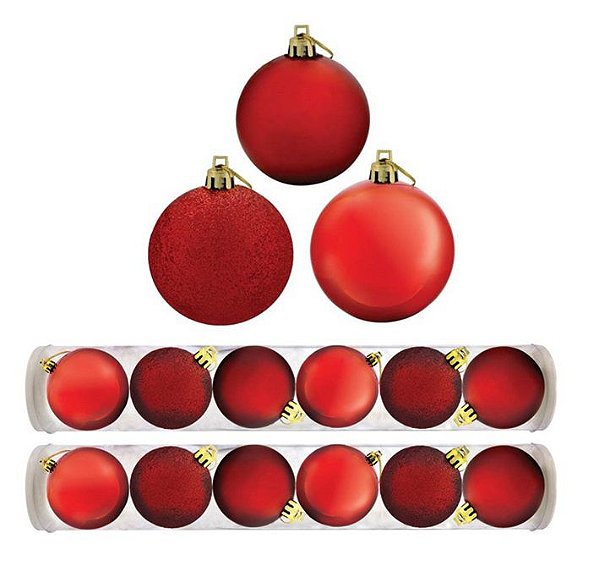 Kit 12 Bolas Natal Mista Glitter, Fosca, Lisa Vermelha 7cm