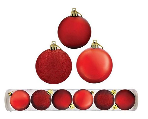 Kit 6 Bolas Natal Mista Glitter, Fosca, Lisa Vermelha 7cm