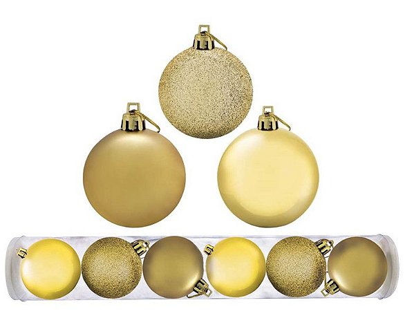 Kit 6 Bolas Natal Mista Glitter, Fosca, Lisa Dourada 7cm