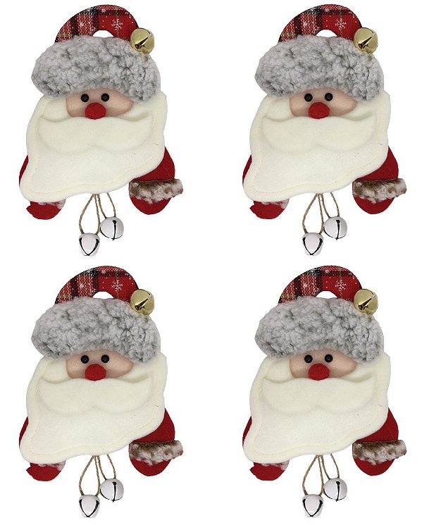 Kit 4 Bonecos Natal Pelúcia Guizo Papai Noel 27cm p/ Árvore