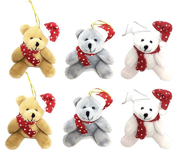 Kit Ursinho Pelúcia Natal Pendente com Gorrinho 12cm 6 Un