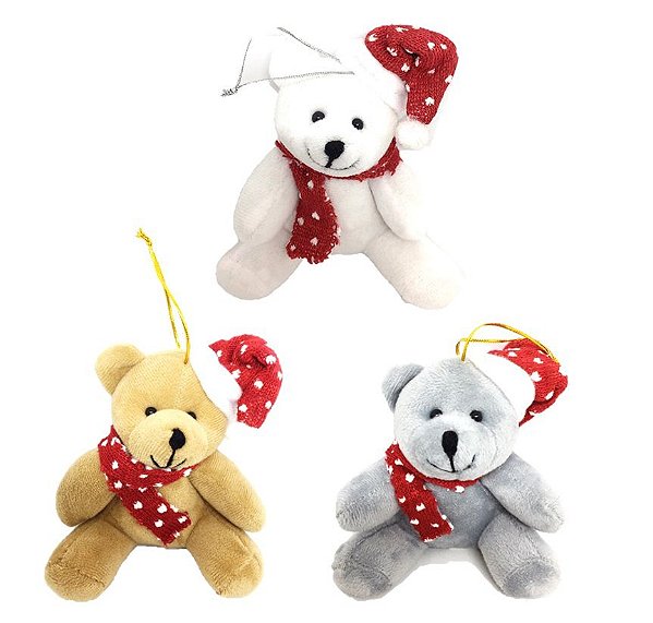 Kit 3 Ursinhos Pelúcia Natal Pendente com Gorrinho 15cm