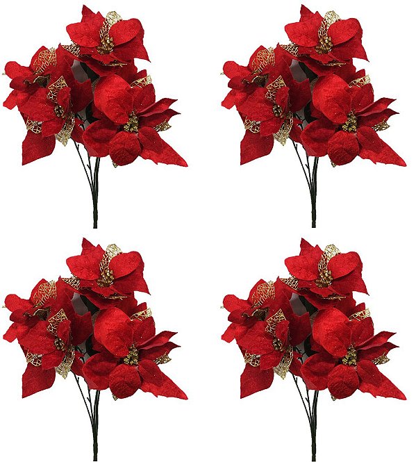 Kit 4 Buquê Natal Bico de Papagaio Vermelho 5 Flores 47cm