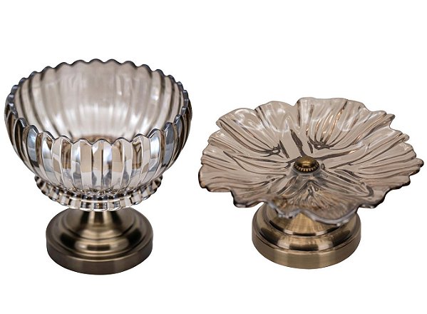 Conjunto Centro de Mesa Vidro e Metal Bronze Vitória Régia Luxo 2 Peças - Tuut